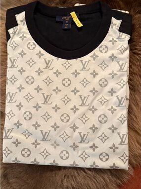 Louis Vuitton White Tee with Navy Trim and Gray Monogram